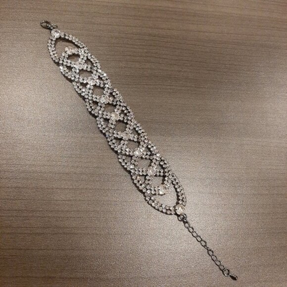 Braided Faux Diamond Bracelet Rhinestone Formal Wedding Woven Chunky Gunmetal - Picture 3 of 12